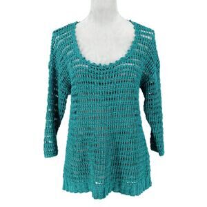 Lucky Brand Sweater Womens Small Green Linen Cotton Blend Open Knit Scoop Neck